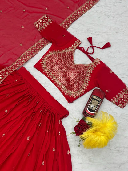 Red Embroidered Lehenga Set
