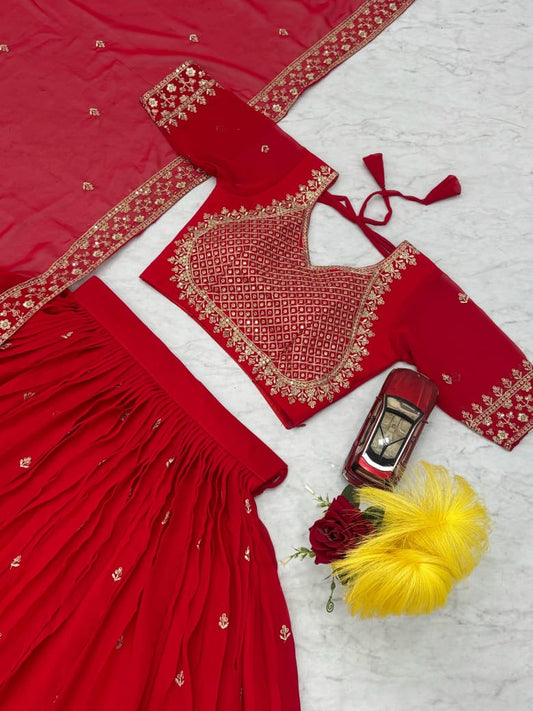 Red Embroidered Lehenga Set