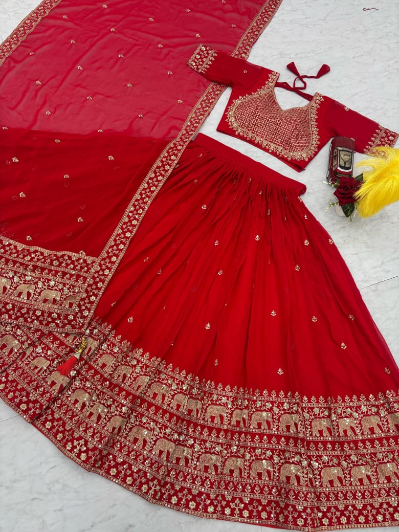 Red Embroidered Lehenga Set