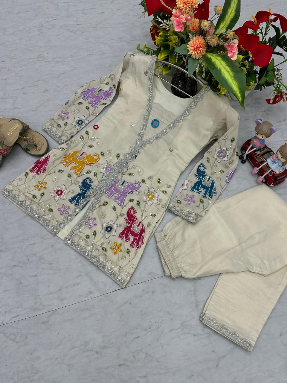 Tissue Silk Embroidered Indowestern Co-Ord Set – Cream and Gold Shine
