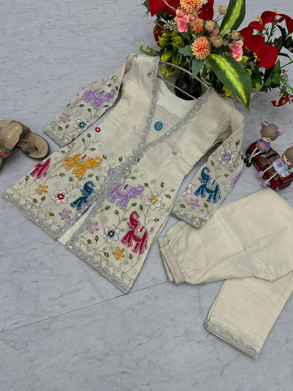 Tissue Silk Embroidered Indowestern Co-Ord Set – Cream and Gold Shine